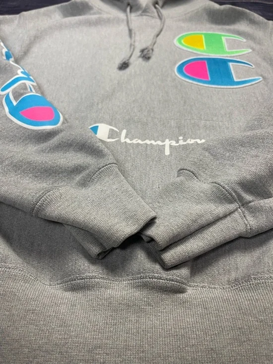 Champion Gray Reverse Weave Neon Multi-Logo Big C Hoodie Size Medium - Picture 3 of 12